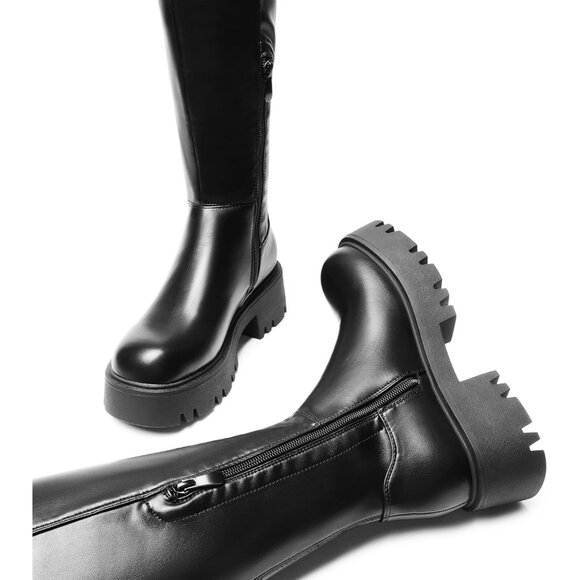 Women's Black-pu Faux Leather Over The Knee Lug Sole Round Toe Fall Long Boots - Picture 4 of 7